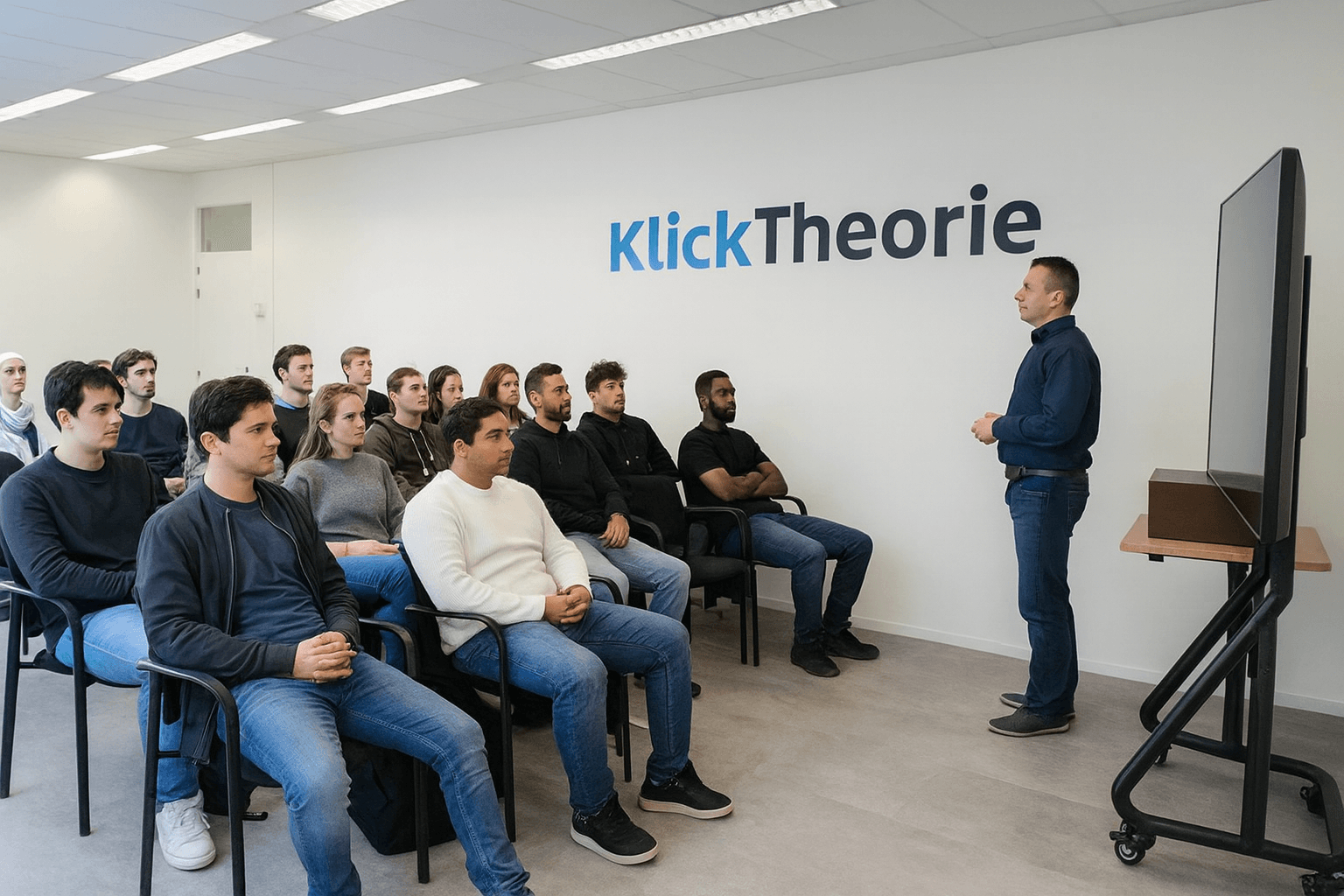 Leerlingen volgen aandachtig de auto theorie dagcursus in de klas.